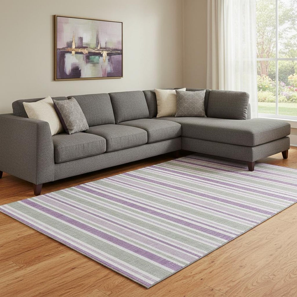 HomeRoots 8' X 10' Washable Pearl & Purple Striped Area Rug with UV Protection - Stylish, Durable, Stain-Resistant! 647858
