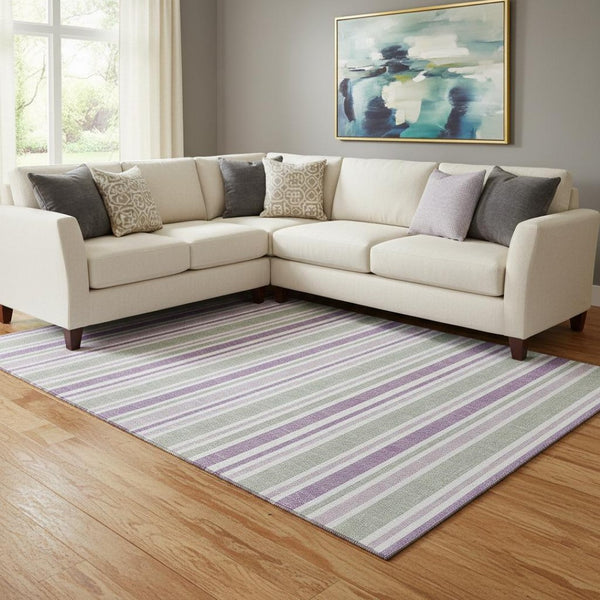 HomeRoots 9' X 12' Pearl and Purple Striped Washable Area Rug – Durable, Stain Resistant & UV Protected Comfort 647859