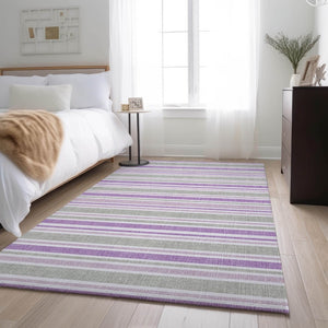 HomeRoots 9' X 12' Pearl and Purple Striped Washable Area Rug – Durable, Stain Resistant & UV Protected Comfort 647859