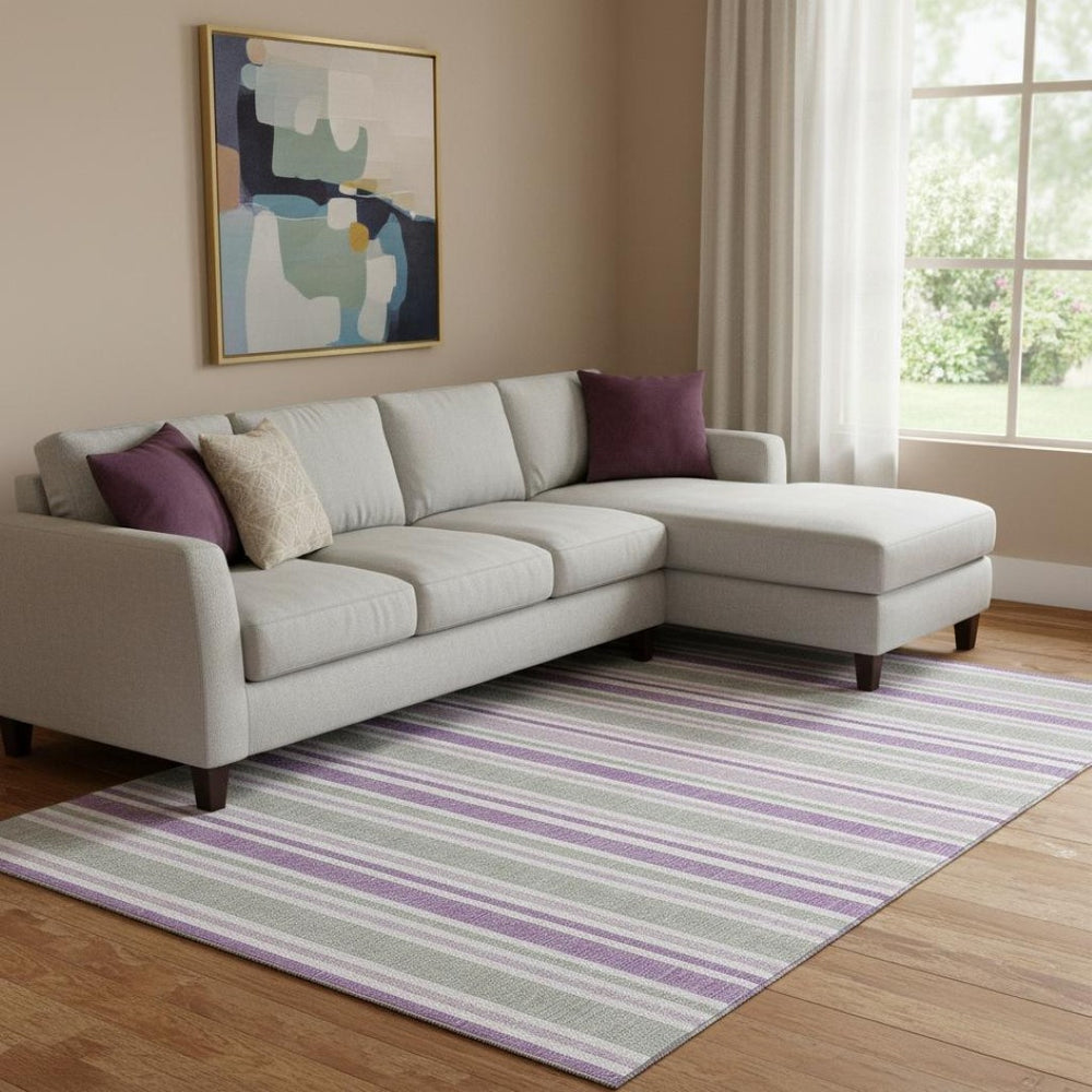 HomeRoots 10' X 14' Pearl and Purple Striped Area Rug - Washable, UV Protected, Durable for Kids & Pets 647860