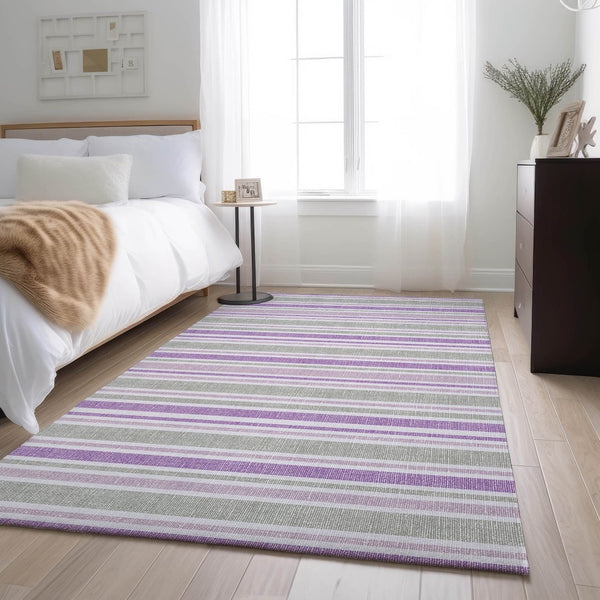 HomeRoots 10' X 14' Pearl and Purple Striped Area Rug - Washable, UV Protected, Durable for Kids & Pets 647860
