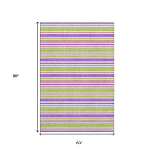HomeRoots 5' X 8' Vibrant Striped Washable Area Rug in Purple, Green & Blush - Durable, UV Protected & Stain Resistant 647862