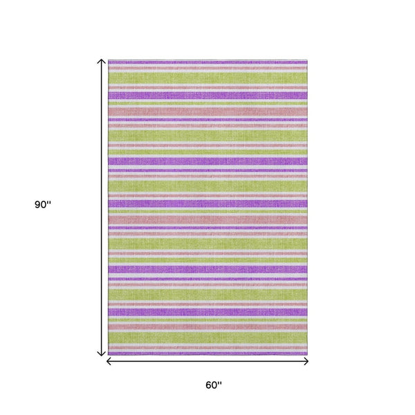 HomeRoots 5' X 8' Vibrant Striped Washable Area Rug in Purple, Green & Blush - Durable, UV Protected & Stain Resistant 647862