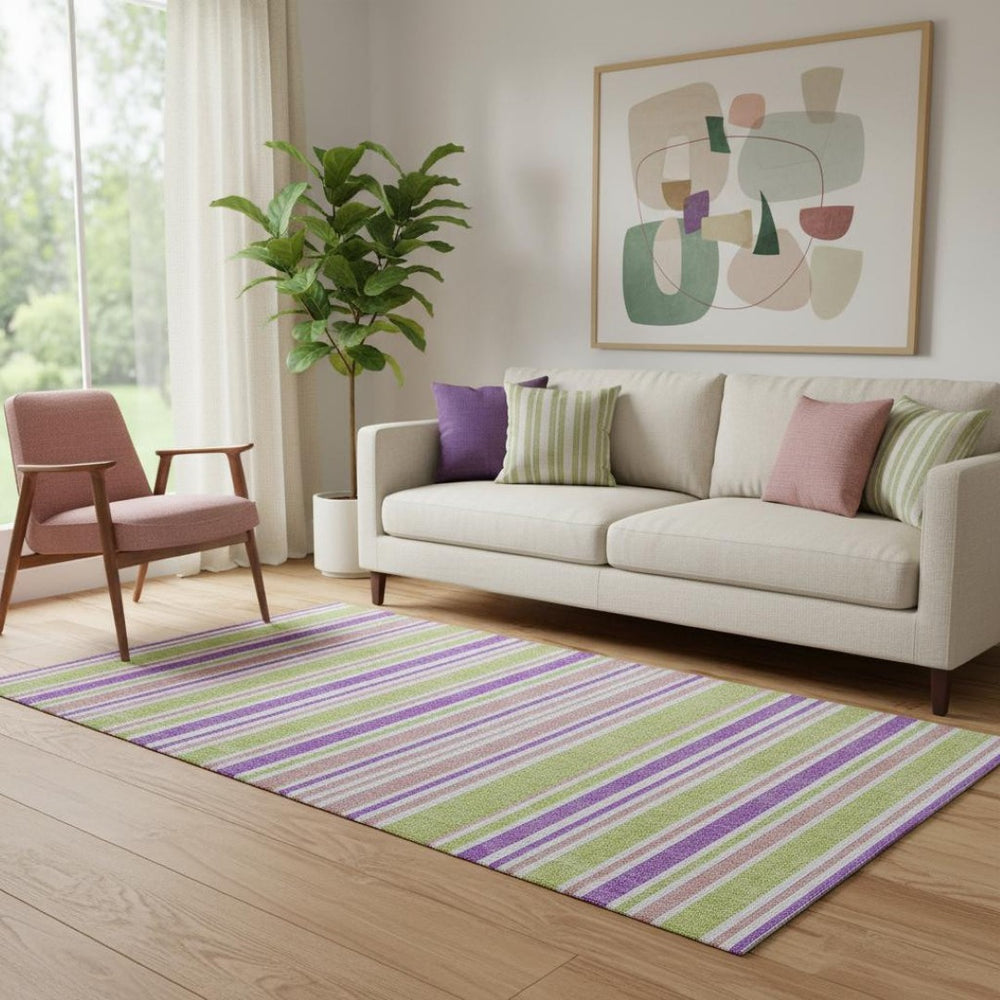 HomeRoots 5' X 8' Vibrant Striped Washable Area Rug in Purple, Green & Blush - Durable, UV Protected & Stain Resistant 647862