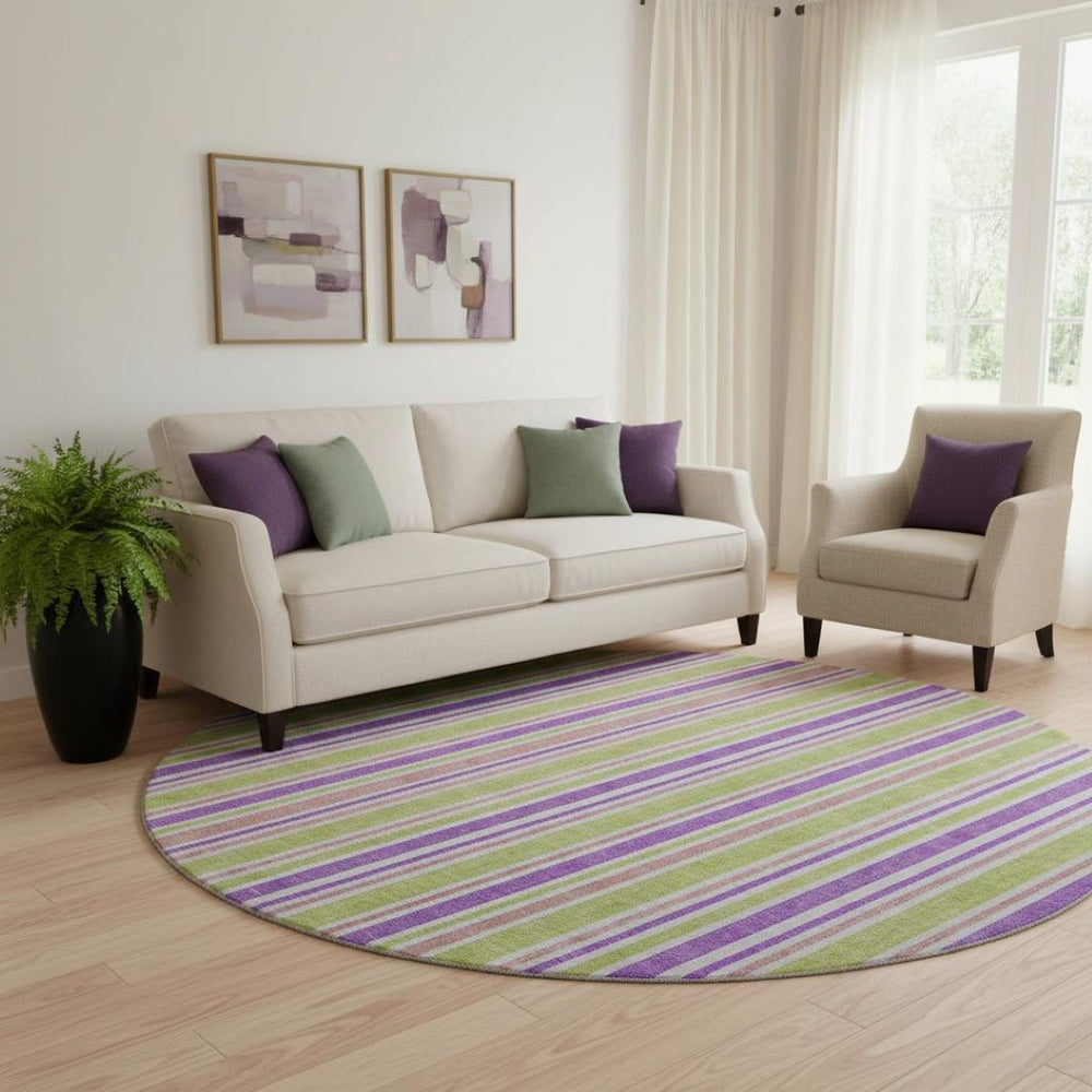 HomeRoots 8' Colorful Striped Washable Round Rug with UV Protection – Perfect for Pets, Kids, and Sunny Spaces! 647863