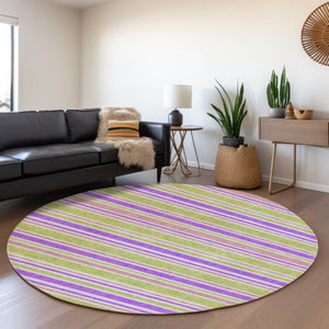 HomeRoots 8' Colorful Striped Washable Round Rug with UV Protection – Perfect for Pets, Kids, and Sunny Spaces! 647863