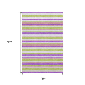 HomeRoots 8' X 10' Striped Area Rug in Purple, Green & Blush – Washable, UV-Protected, Durable & Stylish! 647864