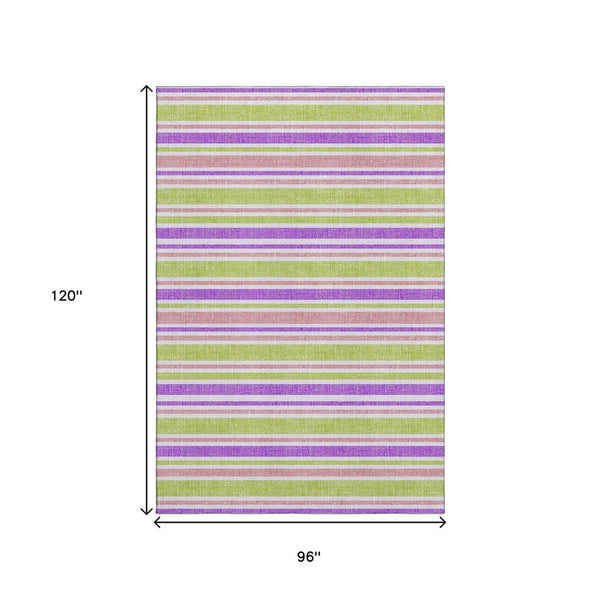 HomeRoots 8' X 10' Striped Area Rug in Purple, Green & Blush – Washable, UV-Protected, Durable & Stylish! 647864
