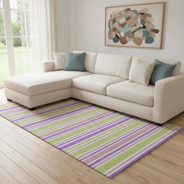 HomeRoots 8' X 10' Striped Area Rug in Purple, Green & Blush – Washable, UV-Protected, Durable & Stylish! 647864