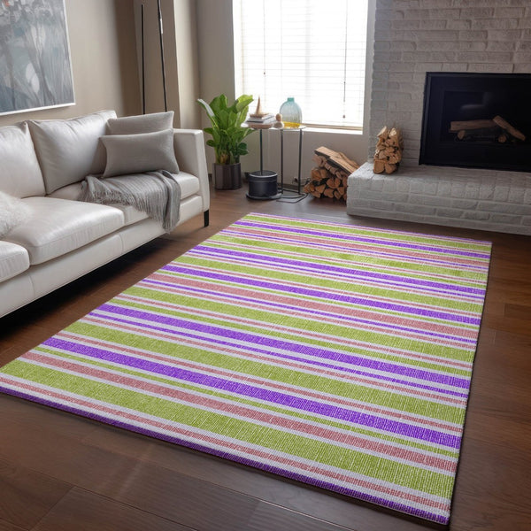 HomeRoots 8' X 10' Striped Area Rug in Purple, Green & Blush – Washable, UV-Protected, Durable & Stylish! 647864