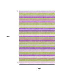 HomeRoots 9' X 12' Striped Area Rug in Purple, Green & Blush - Washable, UV-Protected, Pet-Friendly Design 647865