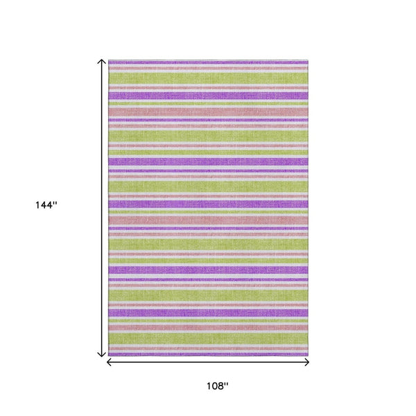 HomeRoots 9' X 12' Striped Area Rug in Purple, Green & Blush - Washable, UV-Protected, Pet-Friendly Design 647865