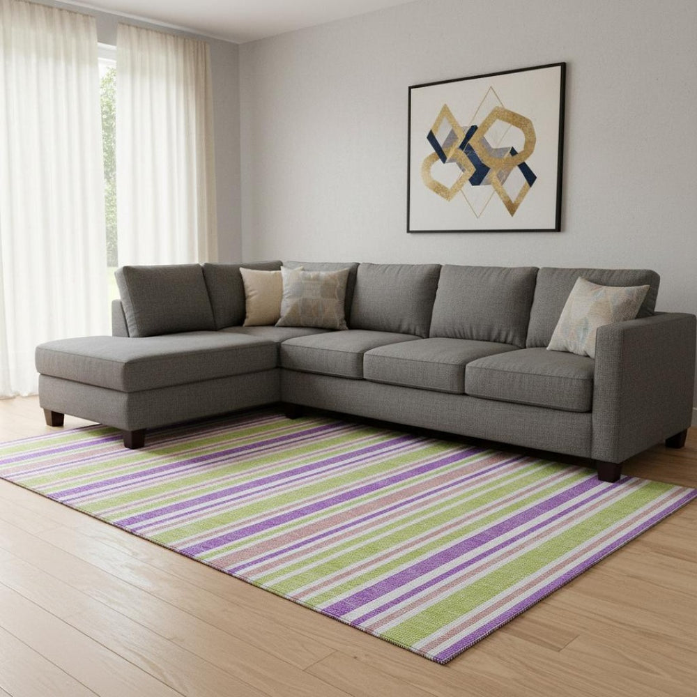 HomeRoots 9' X 12' Striped Area Rug in Purple, Green & Blush - Washable, UV-Protected, Pet-Friendly Design 647865