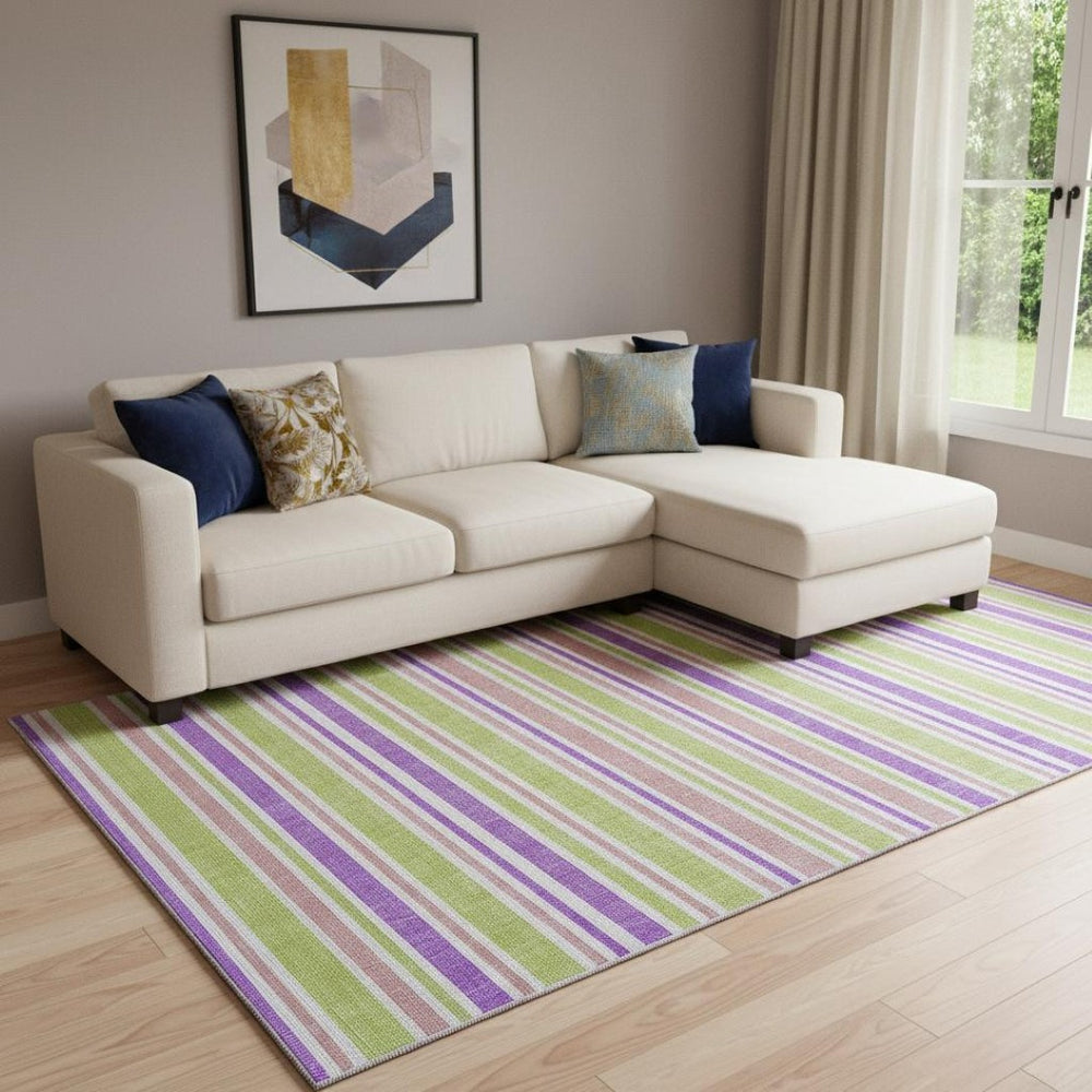 HomeRoots 10' Purple, Green & Blush Striped Washable Area Rug - Durable, UV Protected for High-Traffic Spaces! 647866