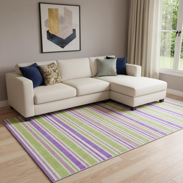 HomeRoots 10' Purple, Green & Blush Striped Washable Area Rug - Durable, UV Protected for High-Traffic Spaces! 647866