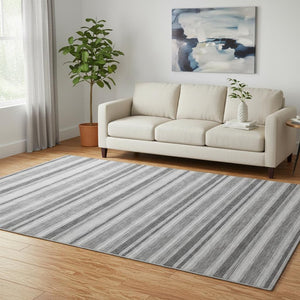 HomeRoots 5' Silver and Gray Striped Washable Area Rug - Durable, Stain Resistant with UV Protection and Style! 647868