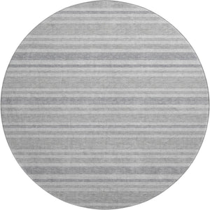 HomeRoots 8' Silver and Gray Striped Washable Round Rug - Stylish, Durable, UV Protected for High-Traffic Areas 647869