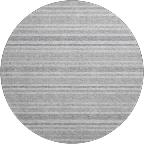 HomeRoots 8' Silver and Gray Striped Washable Round Rug - Stylish, Durable, UV Protected for High-Traffic Areas 647869