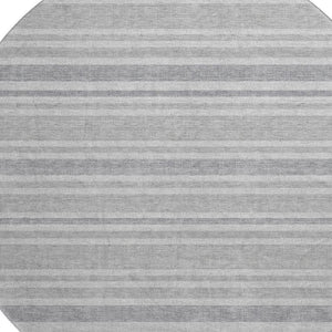 HomeRoots 8' Silver and Gray Striped Washable Round Rug - Stylish, Durable, UV Protected for High-Traffic Areas 647869