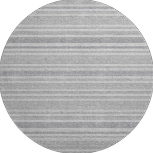 HomeRoots 8' Silver and Gray Striped Washable Round Rug - Stylish, Durable, UV Protected for High-Traffic Areas 647869