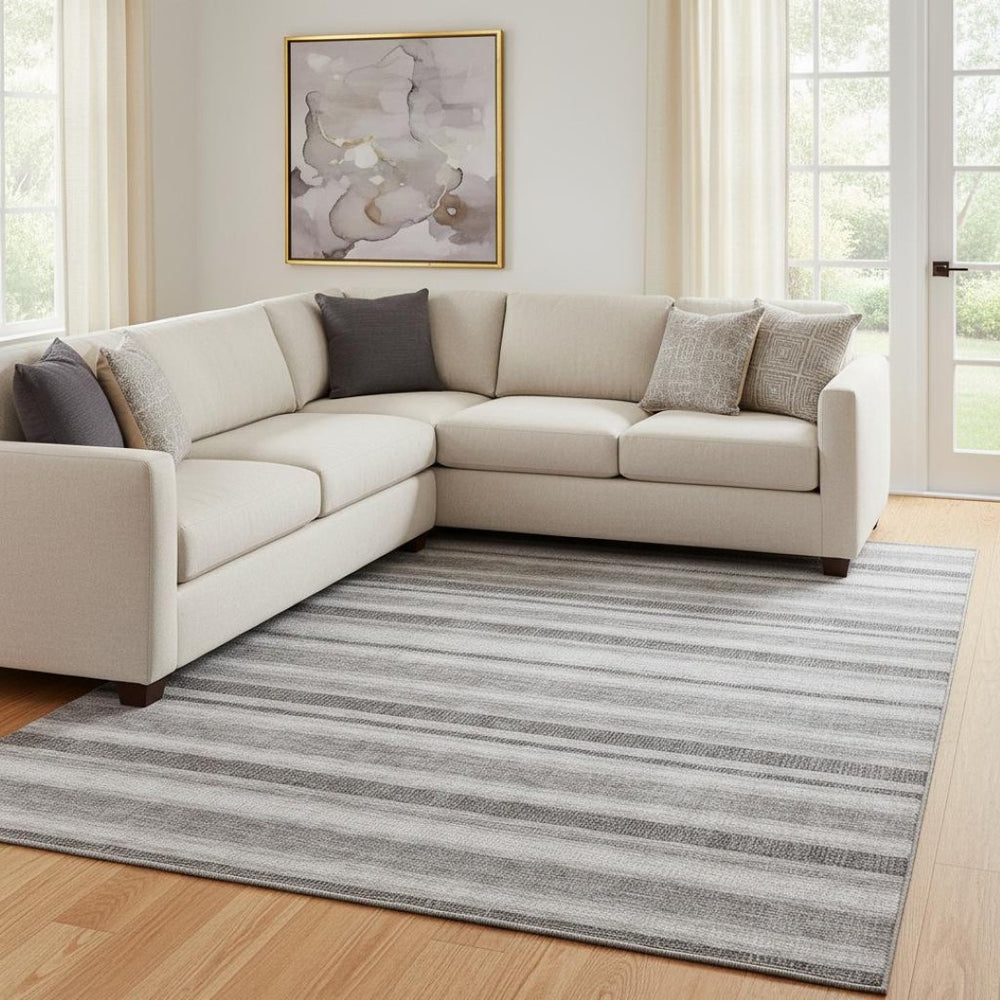 HomeRoots 8' X 10' Silver and Gray Striped Washable Area Rug - Durable, UV-Protected, Stain-Resistant Design 647870