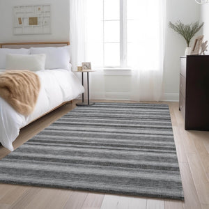HomeRoots 8' X 10' Silver and Gray Striped Washable Area Rug - Durable, UV-Protected, Stain-Resistant Design 647870