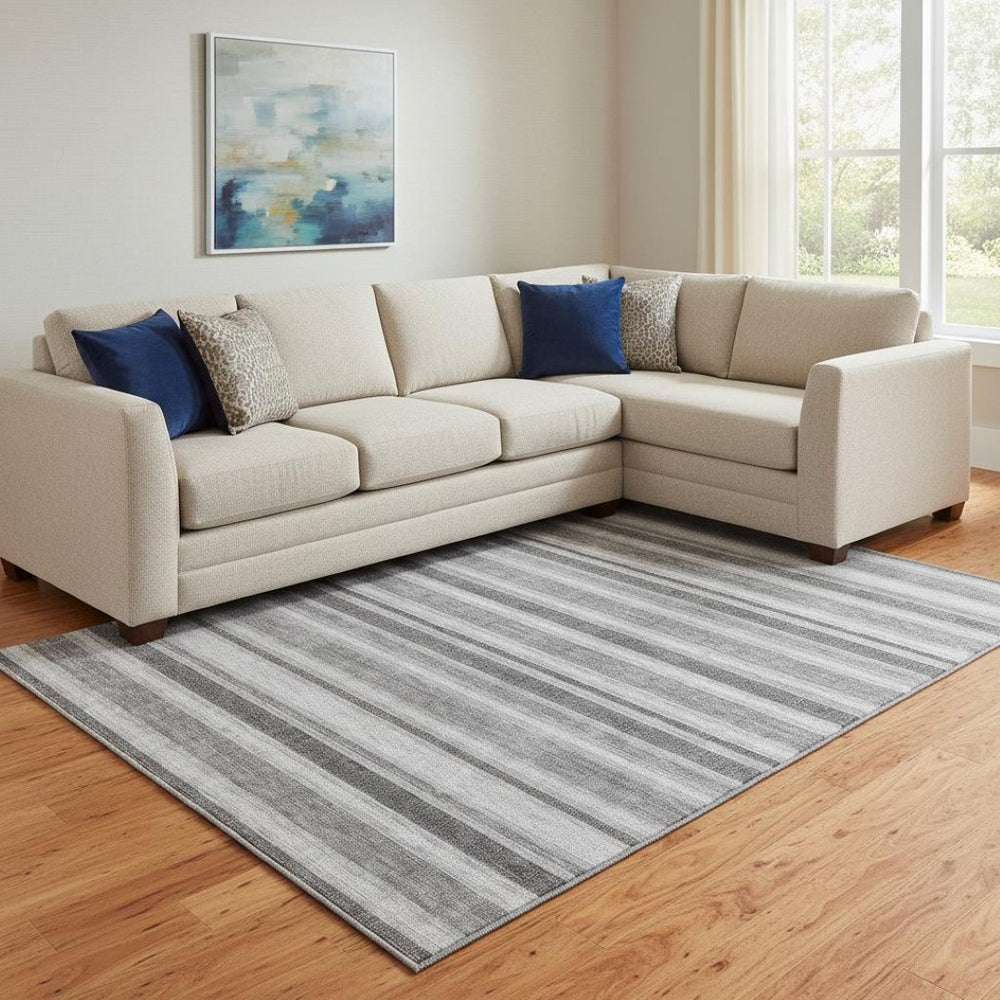 HomeRoots 9' X 12' Stylish Silver and Gray Striped Washable Area Rug with UV Protection for High-Traffic Areas 647871