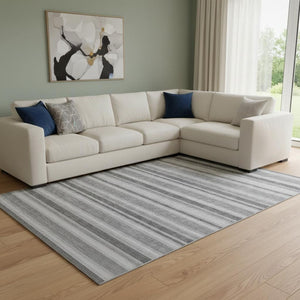 HomeRoots 10' Silver and Gray Striped Washable Area Rug – Stain Resistant, UV Protected, Perfect for High Traffic Areas 647872