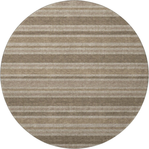 HomeRoots 8' Taupe and Beige Striped Washable Round Rug - Durable, UV Protected, Easy-Care for Stylish Homes 647875