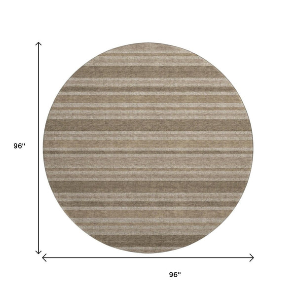 HomeRoots 8' Taupe and Beige Striped Washable Round Rug - Durable, UV Protected, Easy-Care for Stylish Homes 647875