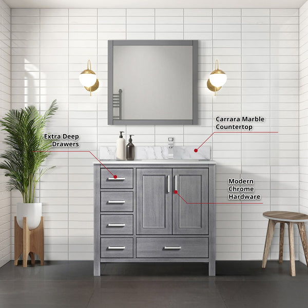 English Elm Distressed Grey Bath Vanity Set With Carrara Marble Top, Chrome Faucet & Stylish 34" Mirror Ensemble B2731S01265
