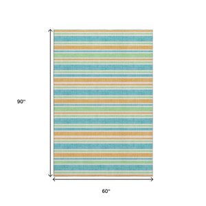 HomeRoots 5' Teal and Orange Striped Area Rug - Stylish, Washable, UV Protected, Perfect for Family Homes! 647880