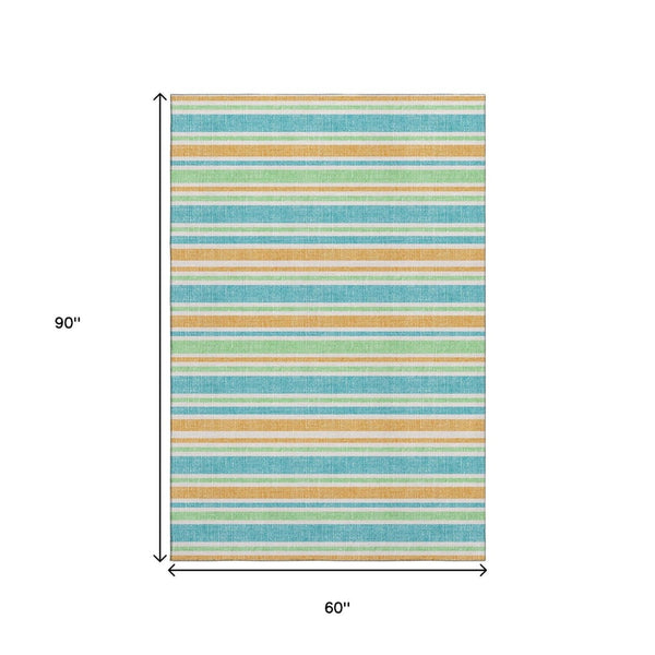 HomeRoots 5' Teal and Orange Striped Area Rug - Stylish, Washable, UV Protected, Perfect for Family Homes! 647880