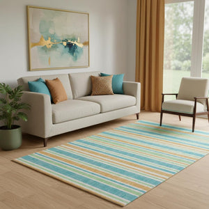 HomeRoots 5' Teal and Orange Striped Area Rug - Stylish, Washable, UV Protected, Perfect for Family Homes! 647880