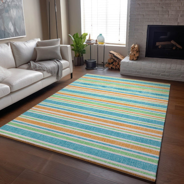 HomeRoots 5' Teal and Orange Striped Area Rug - Stylish, Washable, UV Protected, Perfect for Family Homes! 647880