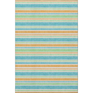HomeRoots 5' Teal and Orange Striped Area Rug - Stylish, Washable, UV Protected, Perfect for Family Homes! 647880