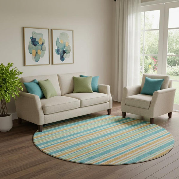 HomeRoots 8' Vibrant Teal and Orange Striped Washable Round Rug with UV Protection for High-Traffic Spaces 647881