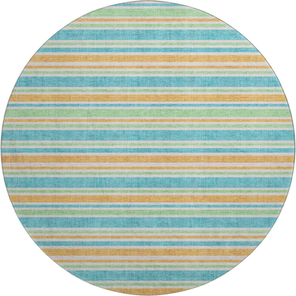 HomeRoots 8' Vibrant Teal and Orange Striped Washable Round Rug with UV Protection for High-Traffic Spaces 647881