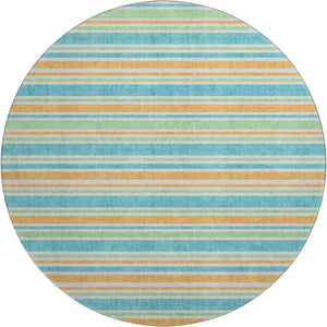 HomeRoots 8' Vibrant Teal and Orange Striped Washable Round Rug with UV Protection for High-Traffic Spaces 647881