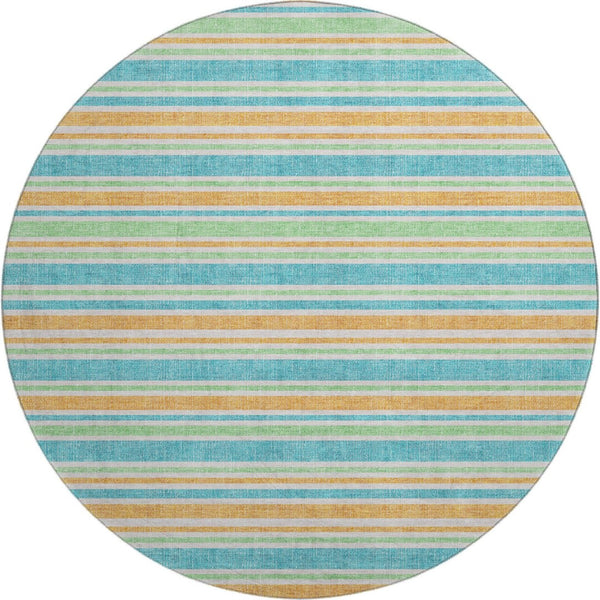 HomeRoots 8' Vibrant Teal and Orange Striped Washable Round Rug with UV Protection for High-Traffic Spaces 647881