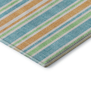 HomeRoots 8' Vibrant Teal and Orange Striped Washable Round Rug with UV Protection for High-Traffic Spaces 647881