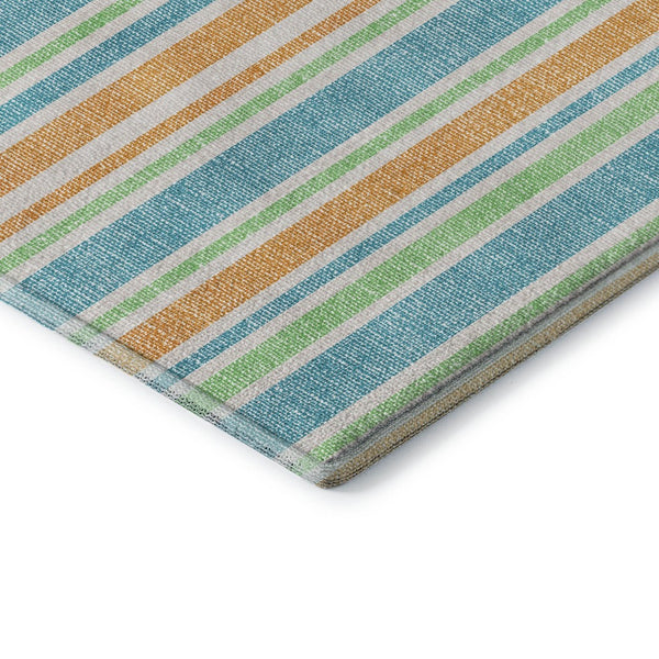 HomeRoots 8' Vibrant Teal and Orange Striped Washable Round Rug with UV Protection for High-Traffic Spaces 647881