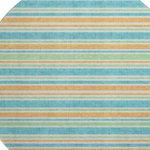 HomeRoots 8' Vibrant Teal and Orange Striped Washable Round Rug with UV Protection for High-Traffic Spaces 647881