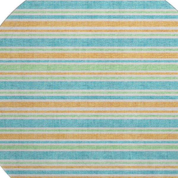 HomeRoots 8' Vibrant Teal and Orange Striped Washable Round Rug with UV Protection for High-Traffic Spaces 647881