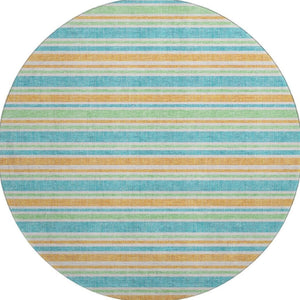 HomeRoots 8' Vibrant Teal and Orange Striped Washable Round Rug with UV Protection for High-Traffic Spaces 647881