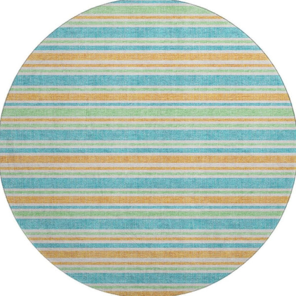 HomeRoots 8' Vibrant Teal and Orange Striped Washable Round Rug with UV Protection for High-Traffic Spaces 647881