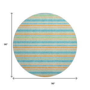 HomeRoots 8' Vibrant Teal and Orange Striped Washable Round Rug with UV Protection for High-Traffic Spaces 647881
