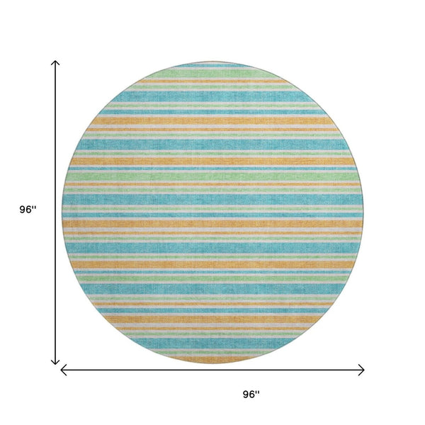 HomeRoots 8' Vibrant Teal and Orange Striped Washable Round Rug with UV Protection for High-Traffic Spaces 647881