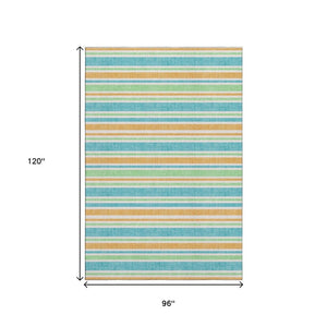 HomeRoots 8' X 10' Teal and Orange Striped Area Rug - Durable, UV-Protected, Washable for Indoor/Outdoor Use 647882