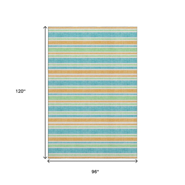 HomeRoots 8' X 10' Teal and Orange Striped Area Rug - Durable, UV-Protected, Washable for Indoor/Outdoor Use 647882
